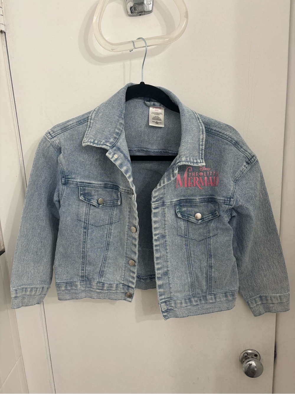 Disney VINTAGE Light Wash Denim Jacket with Pink 'The Little Mermaid' Logo